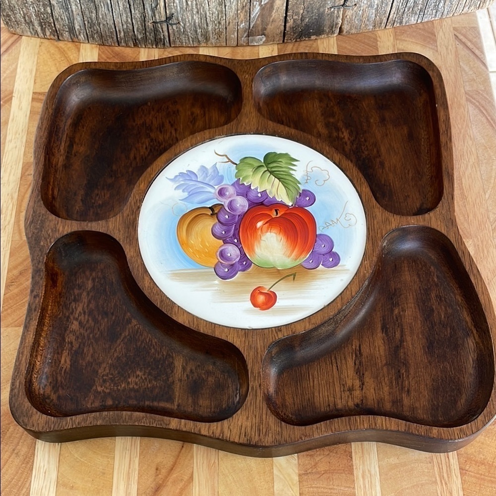 TEMPO |Handcrafted |Wooden |Cheese/Cracker Tray |Handpainted Fruit Design Insert